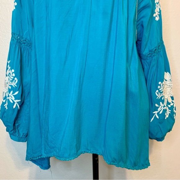 Sundance Naomi Isles Embroidered Boho Peasant Top Turquoise Blue Size Large - Picture 4 of 15